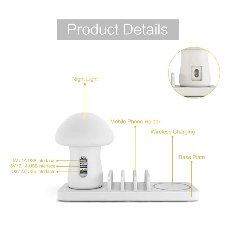 USB Charging Station for Multiple Devices- Fast Charging Dock Organizer with 3 USB Ports and 1 Qi Wireless Charging Pad Night Lig3292