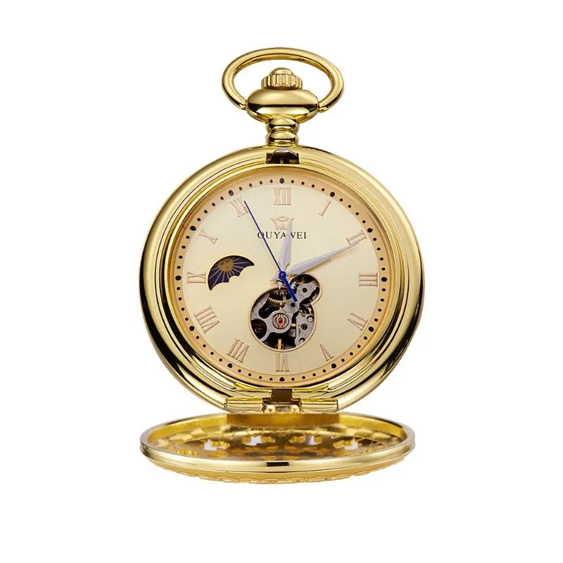 Ouyawei relógio de bolso mecânico masculino de alta qualidade vintage recorte perspectiva capa inferior enrolamento manual relógio de bolso pulseira clock1256x