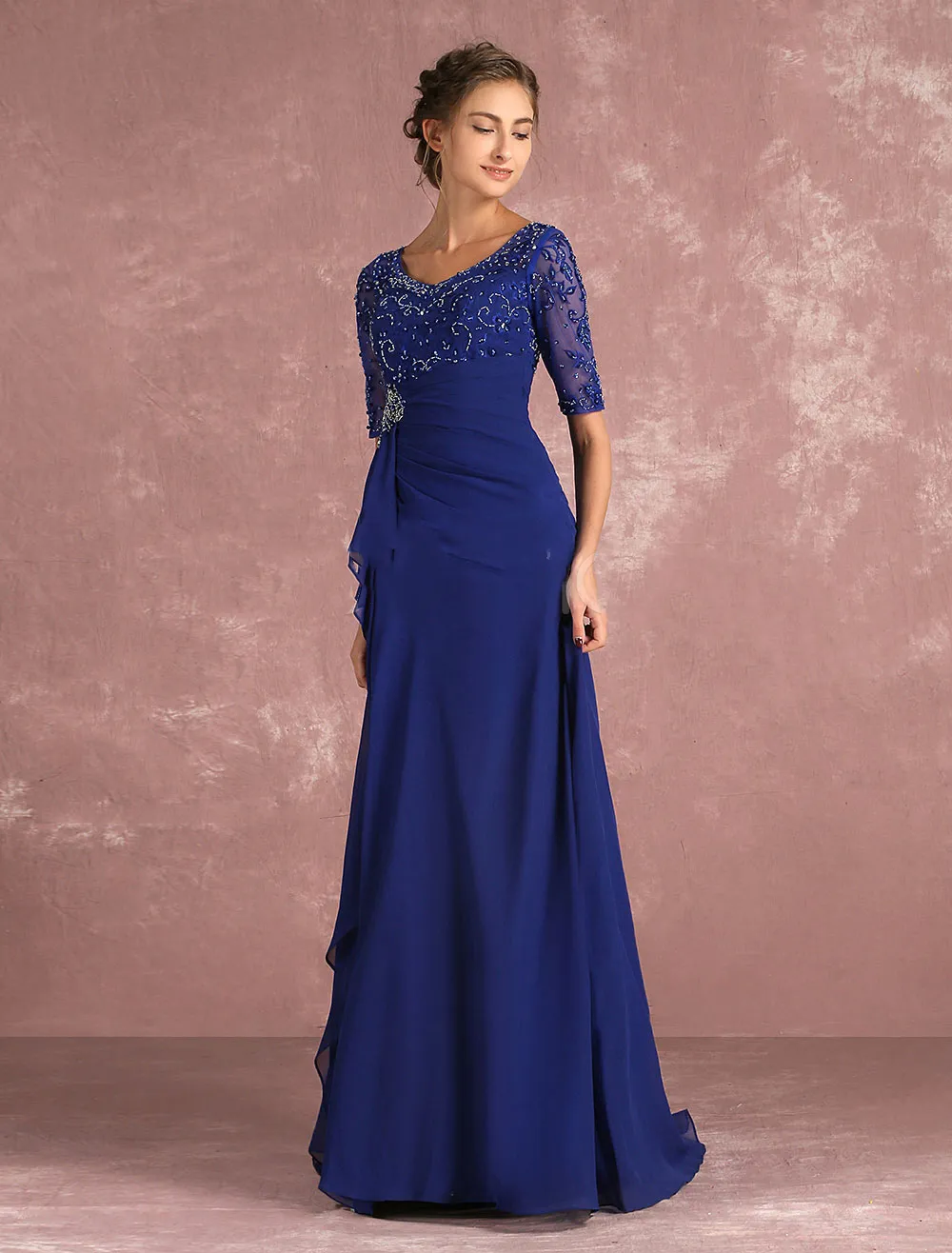 Abiti la madre della sposa con maniche 1/2 blu navy 2022 Scollo a V Lunghezza pavimento in pizzo vintage Abiti da sera formali251W