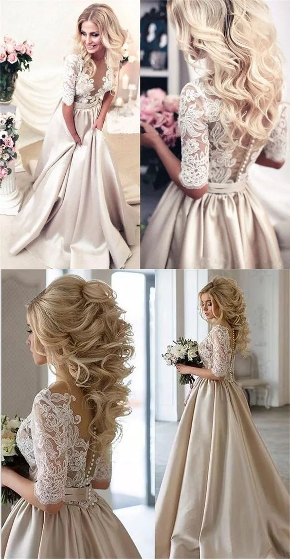 Champagne Satin White Lace Plunging V-neck Wedding Dresses Empire Waist 2022 Half Long Sleeves Ruched Vestidos De Novia Wedding Go237O