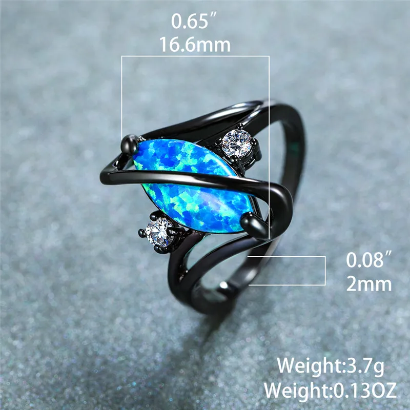 Unique Style Female Blue Opal Stone Ring Vintage Black Gold Wedding Rings For Women Promise Love Engagement Ring278P