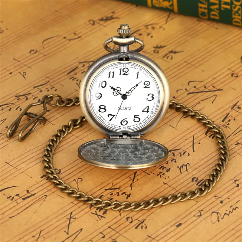 Montre de poche à couverture lisse en Bronze Antique, à Quartz, affichage analogique, horloge pour hommes et femmes, pendentif FOB, chaîne reloj de bolsillo320A