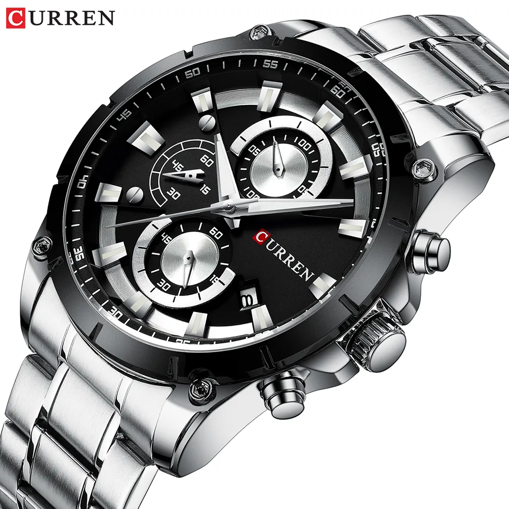 Curren Top Brand Luxury Men tittar på sportigt rostfritt stål Band Chronograph Quartz Wristwatch med Auto Date Relogio Masculino252a