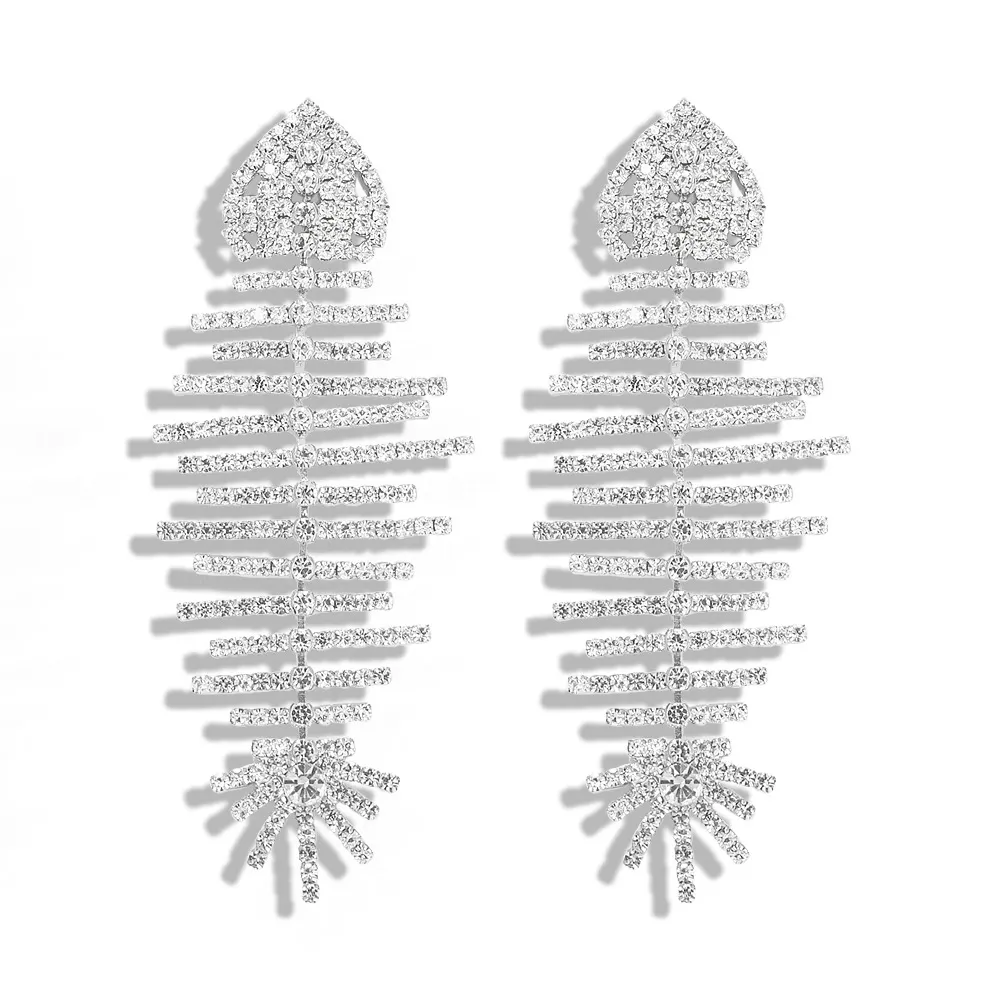 Tout-concepteur exagéré belle mignonne os de poisson océan scintillant diamant cristal long gland pendentif boucles d'oreilles pour femmes248B