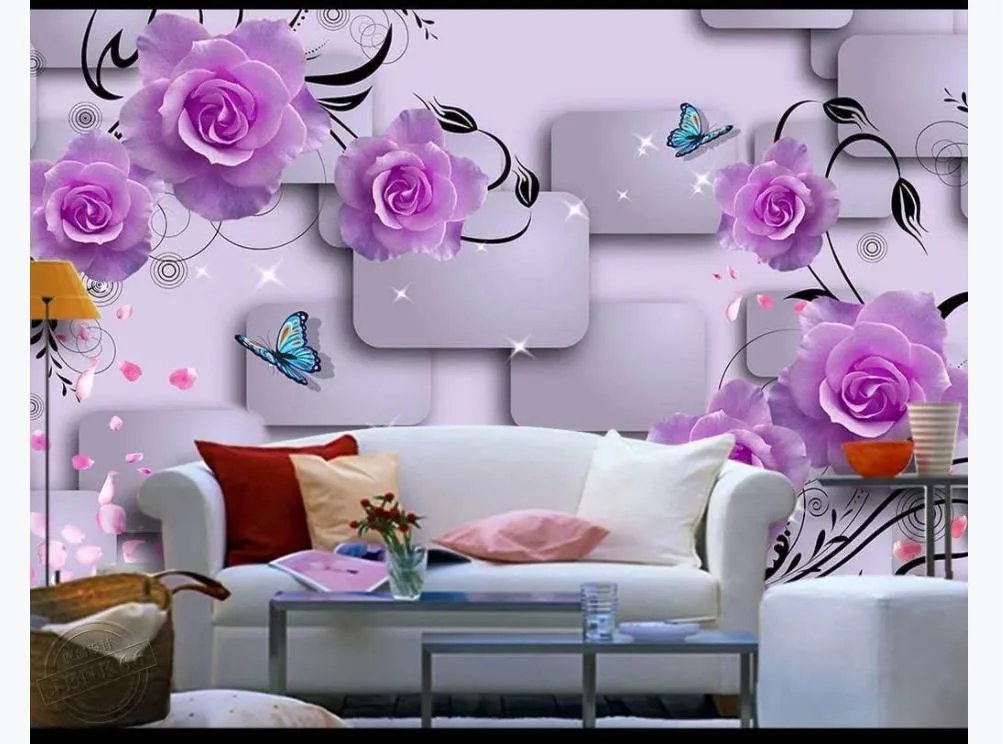 Aangepaste 3D Mural Wallpaper Po Wall Paper Purple Rose Bloemblaadjes vallen driedimensionale vierkante mode 3D TV-bank achtergrond W265Y