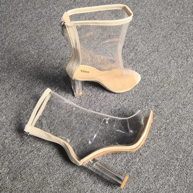 Rontic femmes été Transparent bottines Sexy carré talons hauts bottes Peep Toe Nude chaussures décontractées femmes Plus taille américaine 5-15