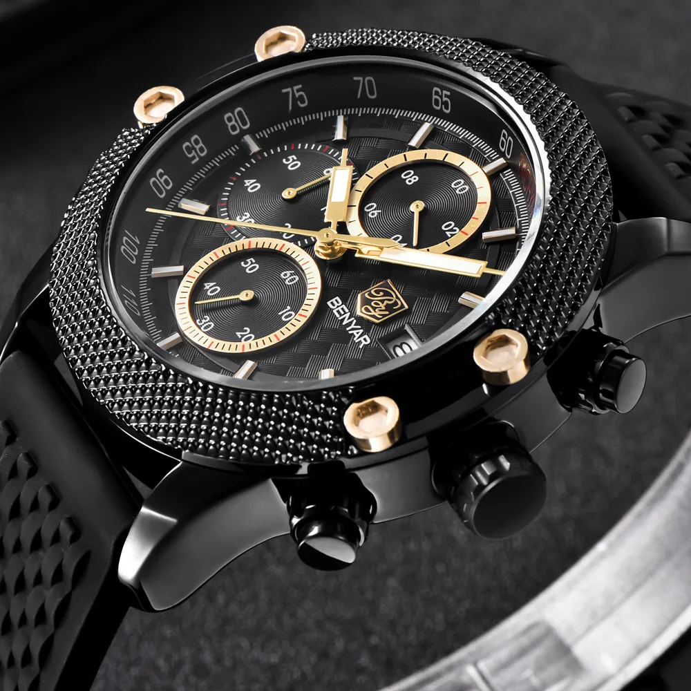 Benyar Mens Watches Top Luxury Sport Chronograph Fashion Men Waterproof Luxury Brand Gold Quartz Watch Saat Reloj hombre327l