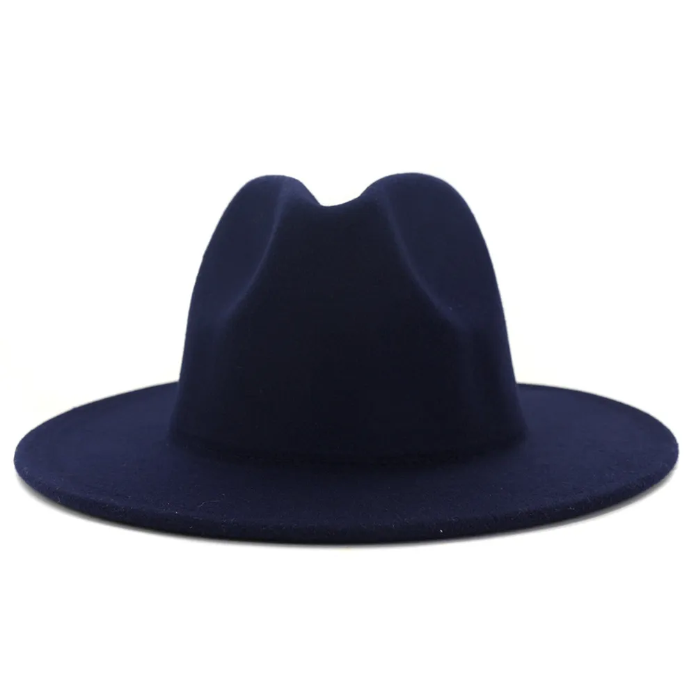 Modne granatowe niebieskie królewskie patchwork faux wełna fedora czapki kobiety mężczyźni czuli się vintage panama jazzowa czapka z paskiem bukle224o