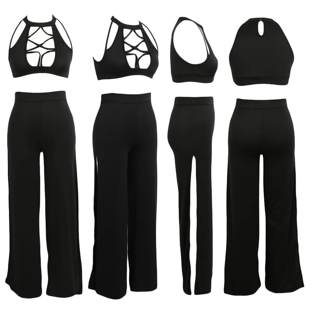 Sexy Women Two Pieces Set Turtleneck Sleeveless Hollow out Crop Top High Waist Split Pant Fashion Sets Party Clubwear For Ladies CX200701