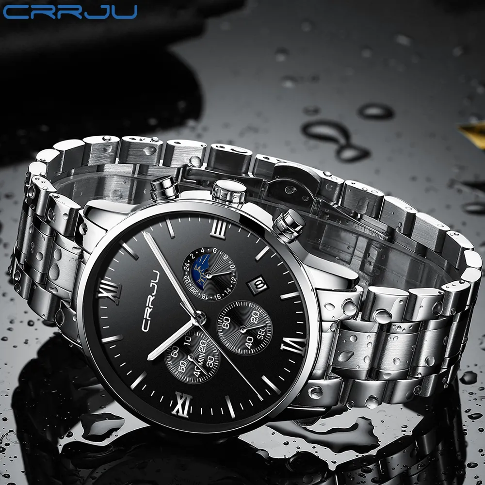 Relogio Masculino Crrju Men Luxury Full Steel Watchesファッションスポーツクォーツミリタリードレスウォッチ男性明るい防水時計242V