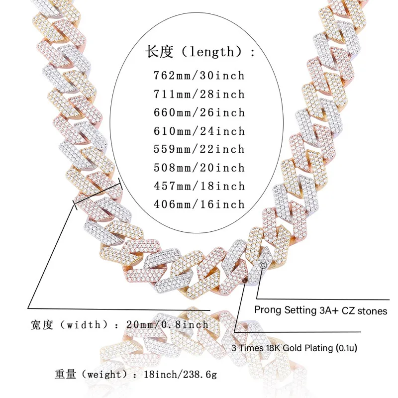 13mm 20mmゴールドブリングダイヤモンドキューバリンクチェーンネックレスチョーカー男性用2トーンピンク5a czキュービックジルコニア縁石チェーンマイアミ197b