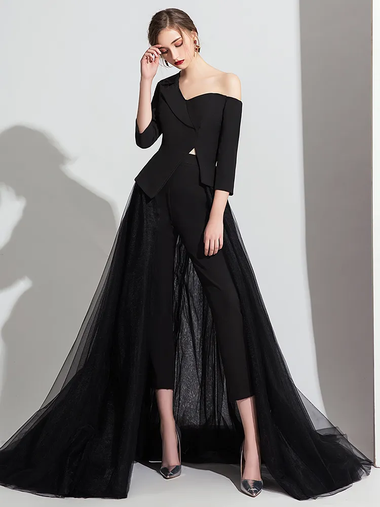 Eleganta aftonklänningar lång svart vit jumpsuit lång byxa jumpsuit lång ärm formell klänning v hals jumpsuits dubai prom gown2175