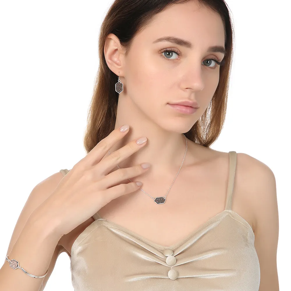 Collana in argento placcato con resina e lega di clavicola, con cluster di colori, collana con ciondolo di diamanti turchesi, orecchini geometrici Druzy Drusy257Z