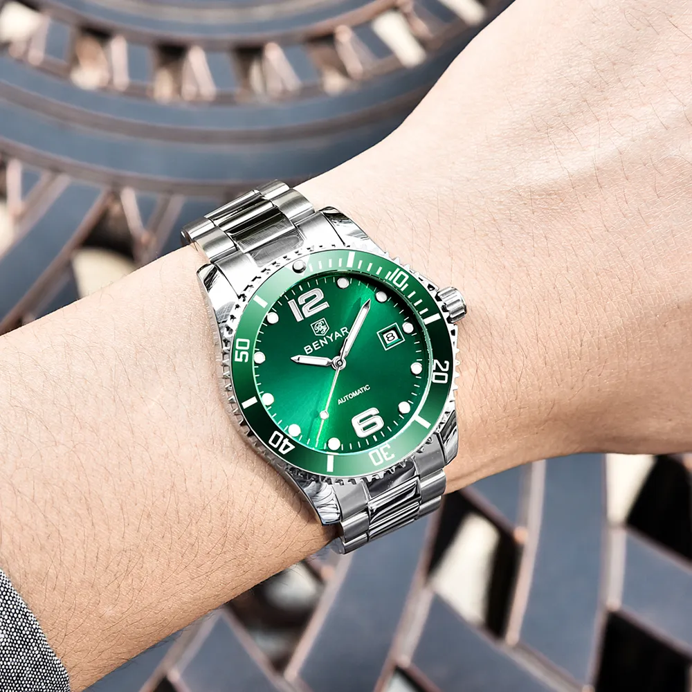 BENYAR Topmerk Heren Mechanisch Horloge Automatisch Mode Luxe Roestvrij Staal Mannelijke Clock262R