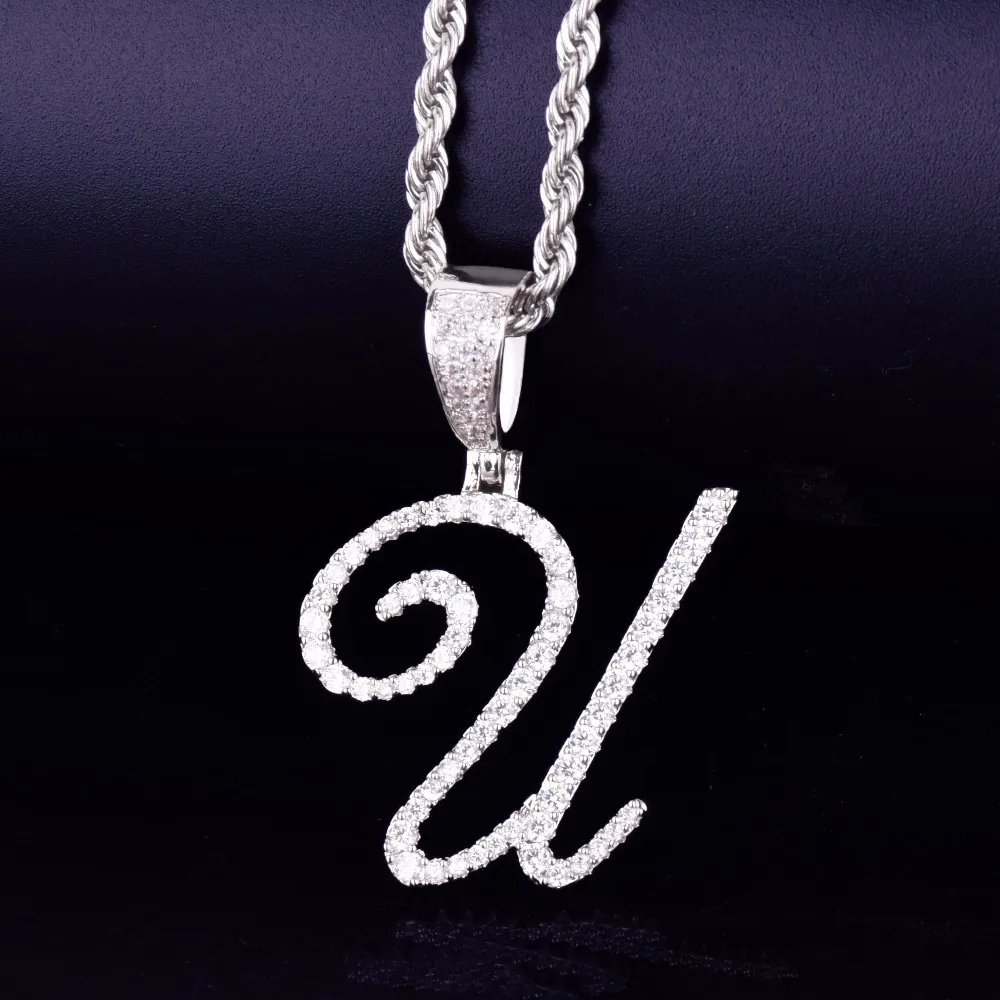 New Iced Out A-Z Single Cursive Letter Pendant Necklace With 24inch Rope Chain Hip Hop Jewelry275t