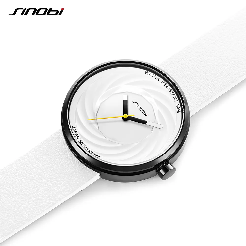 Sinobi Fashion Watch Women Big Dial New Creative Eddy Design Wysokiej jakości skórzany pasek White Watches Casual Relojes Para Mujer270g