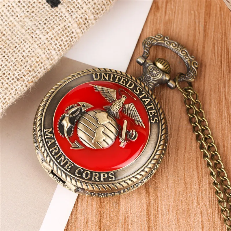 Vintage United States Marine Corps Thème Quartz Montre De Poche Mode Rouge Souvenir Pendentif Collier Chaîne Montres Militaires Top Gifts273Y