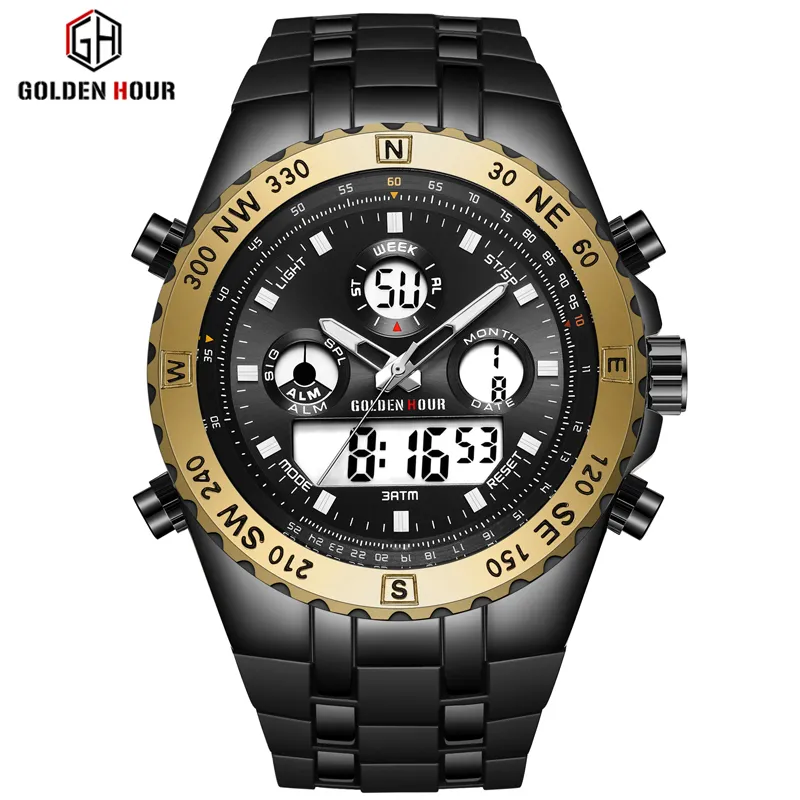 Reloj GOLDENHOUR Men Watch Quarzt Digital Watch Men Dual Display Watch Man Wrist watches Luminous Male Clock Relogio Masculino3051