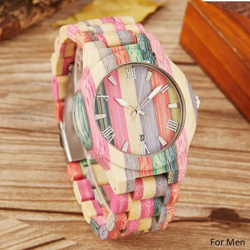 Bamboo Wood Watches Men Women Customized Handmade Colorful Bamboo Wooden Male Ladies Quartz Couple Wrist Watch Date Clock Gift1255Q