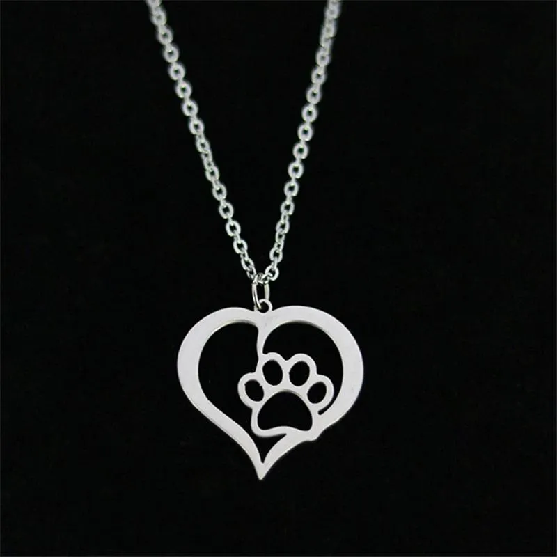 Women Stainless Steel Necklace Dog Paw Love Heart Design Hollow Choker Pendant Necklaces Silver Gold Color Fashion Engagement Jewe269e