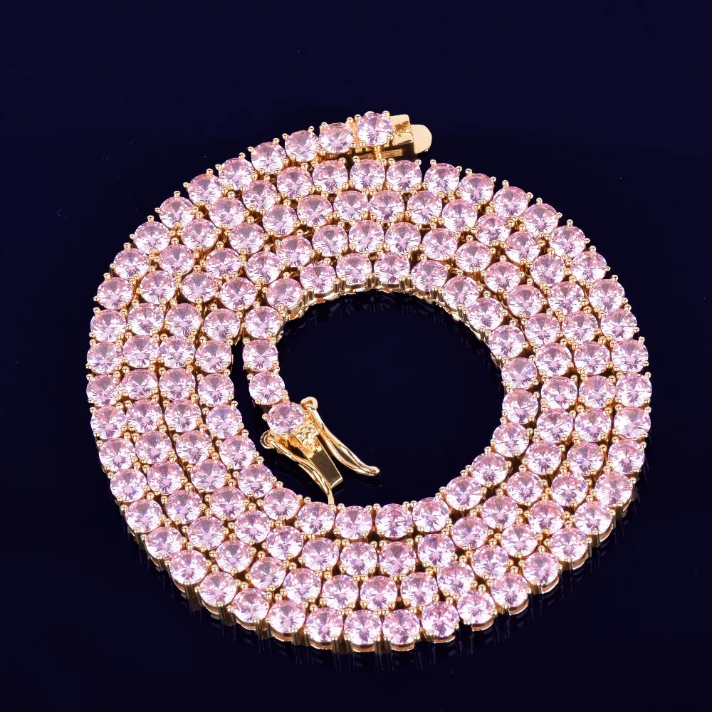 Bir satır pembe zirkon tenis zinciri kadın kız pembe elmas kolye moda hip hop takı için hediye221c