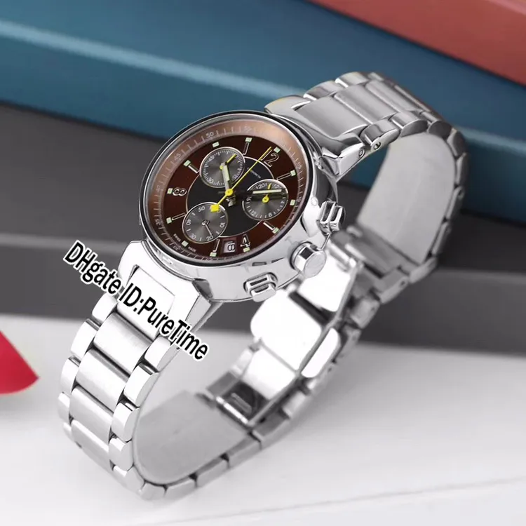 NOWOŚĆ Q11215 STALOWA CUSE 34 mm brązowa tarcza Czarna Subdial Japan Quartz Chronograph Watch Watch Bransoletka ze stali nierdzewnej zegarki Puretim2045