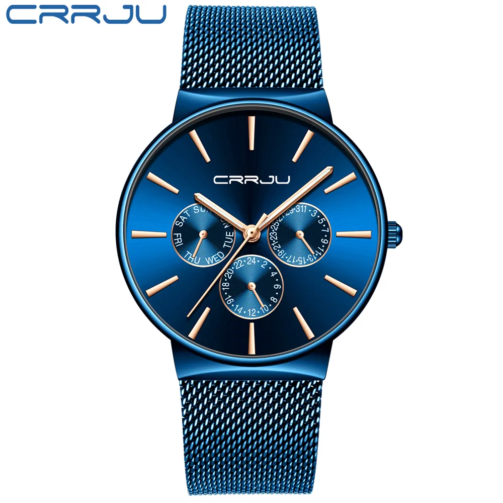 Reloj hombre CRRJU hommes montres bleues chronographe Ultra mince Date mode montre-bracelet pour hommes mâle maille bracelet décontracté Quartz Clock193w