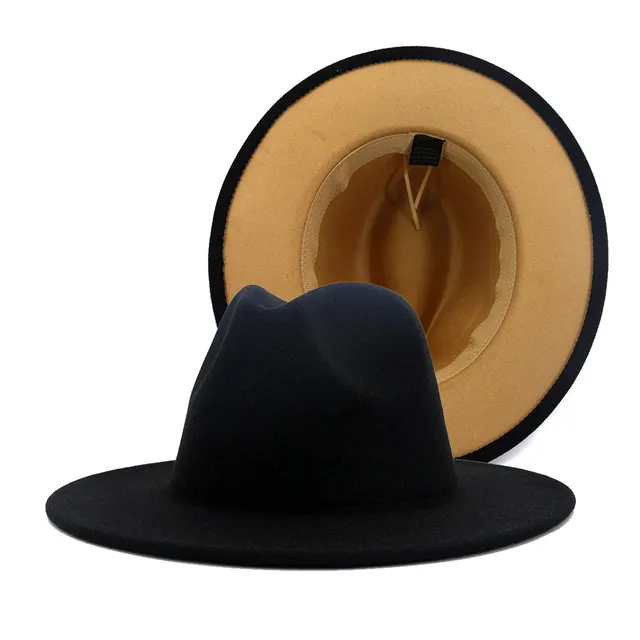 Noir avec fond bleu Patchwork Panama laine feutre Jazz Fedora chapeaux femmes hommes à large bord Patry Cowboy Trilby Gambler chapeau avec boucle de ceinture