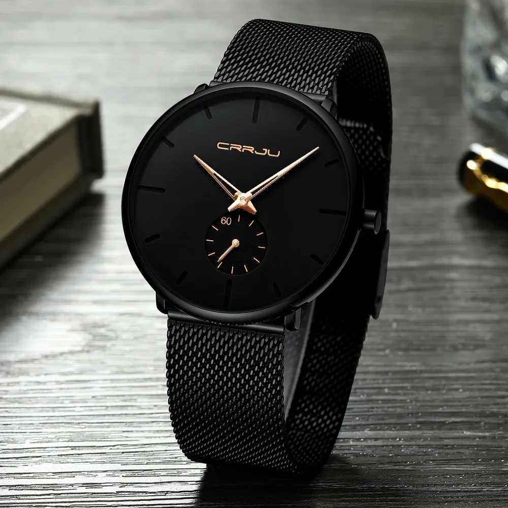 Crrju Top Brand Luxury Quartz Watch Men Men décontracté noir Japon Quartz-watch en acier inoxydable Face Ultra Thin Clock Male Relogie Nouveau NIC3552