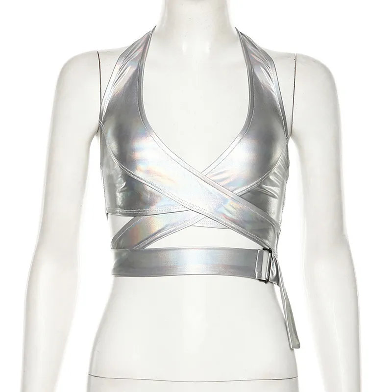 BOOFEENAA Holographic Tank Tops Backless Halter Bandage Crop Top Bustier Streetwear Rave Sexy Going Out Clothes CY2005165909522