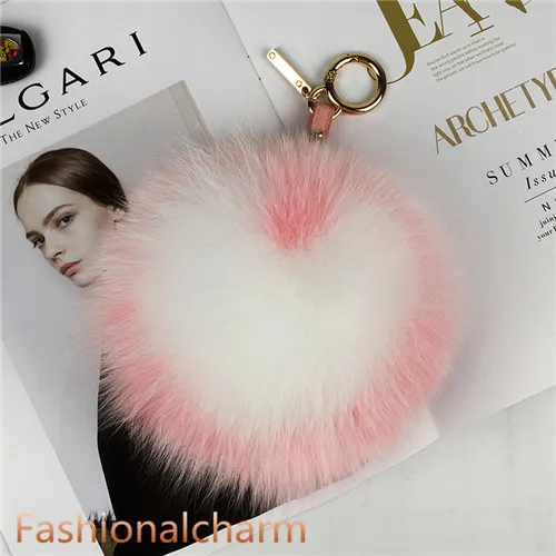 15 cm Real Fox Fur Ball Heart Shaped Pompom Bag Charm Keychain Pendant Keyring Tassels273y