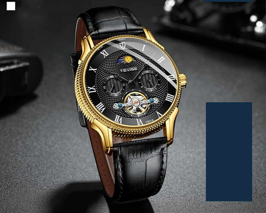 Top marque Tevise nouveaux hommes montre automatique montre mécanique phase de lune Tourbillon Sport montre-bracelet bracelet en cuir Relogio Masculino277j