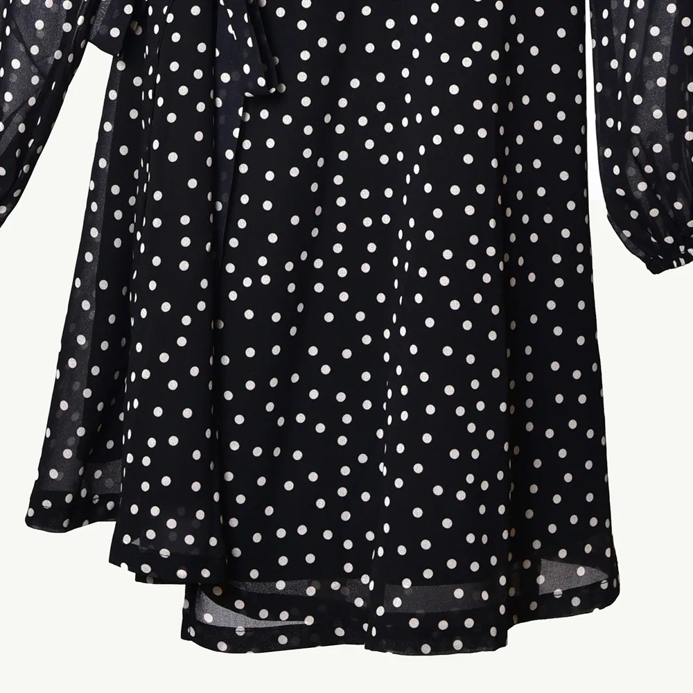 2019 Fall Winter Long Sleeve V Neck Black Polka Dot Print Ruffle Short Mini Dress Women Fashion Dresses D2616292