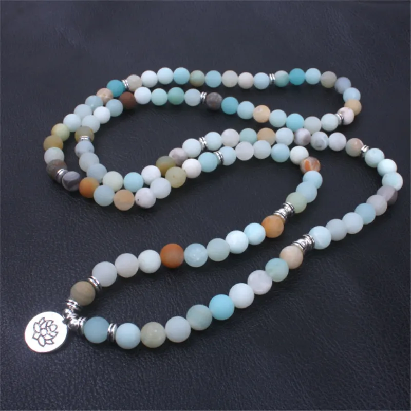 Brins de perles Bracelet pour femmes Matte Frosted Amazonite Perles avec Lotus Om Bouddha Charm Yoga 108 Collier Mala Drop1271Y