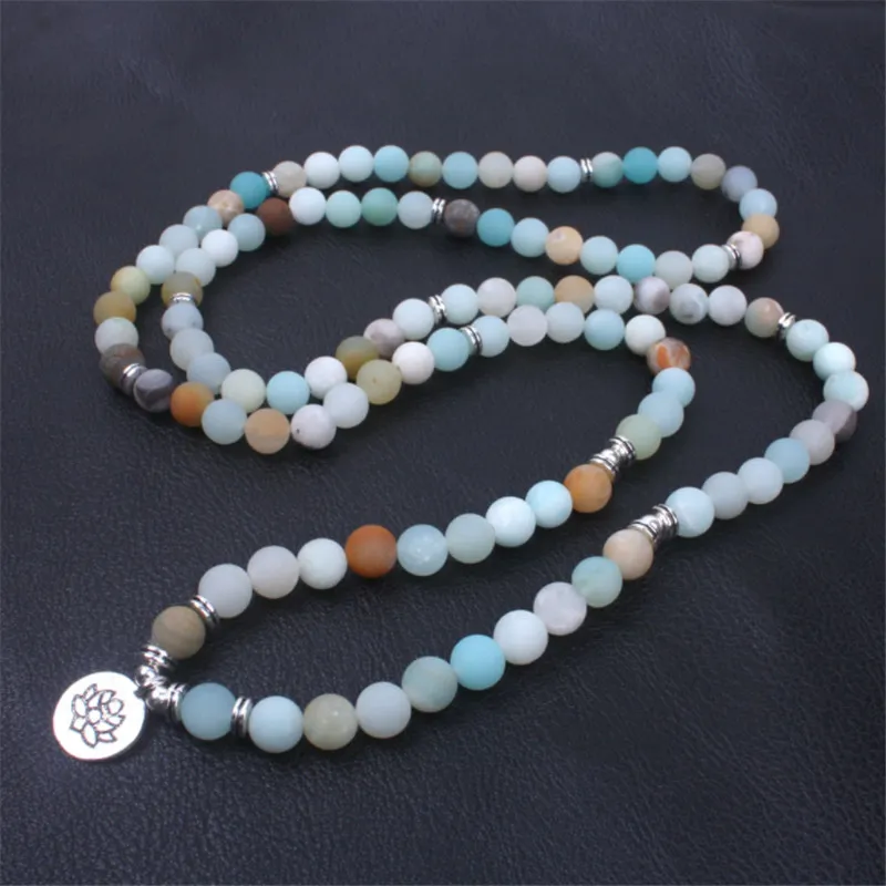 Strands con perline Fashion Bracciale femminile opaco glassati perle di amazonite con lotus om buddha fascino yoga 108 mala collana cala drop1271y