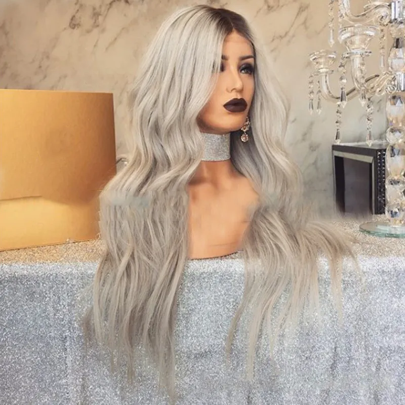 Long Grey Wig Slightly Curled Long Curly Hair Color Gradient Big Wave