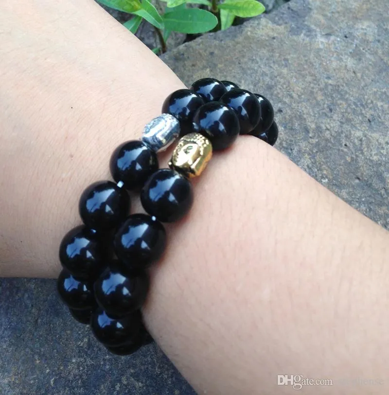 SN0366 Moda de pedra natural 12 mm Belas pretas Bracelete de pedra Homem Mala Yoga Buda Bracelet Jóias de Presente de Natal 308c