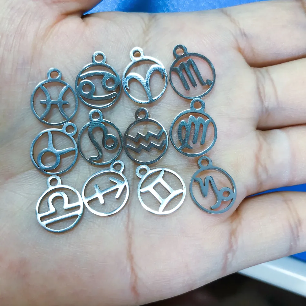 Fnixtar 10 8 13 4 mm stal ze stali nierdzewnej Dwanaście zodiaku metalowe uroki DIY konstelacja dla kobiet biżuteria Making Mini Charms Lot268b