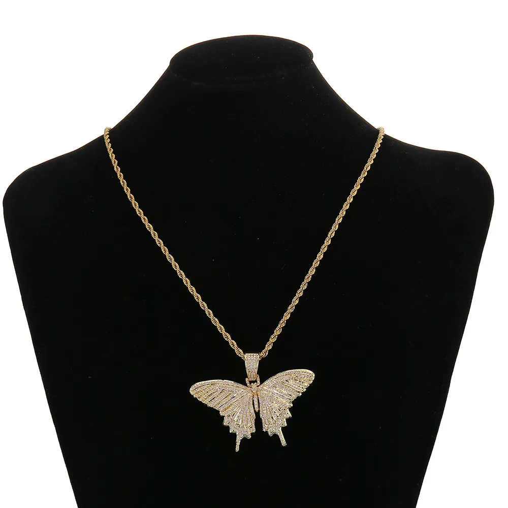 Collier avec pendentif papillon Animal glacé, avec chaîne en corde, or, argent, Zircon cubique, pour hommes et femmes, bijoux Hip hop Rock, 240v