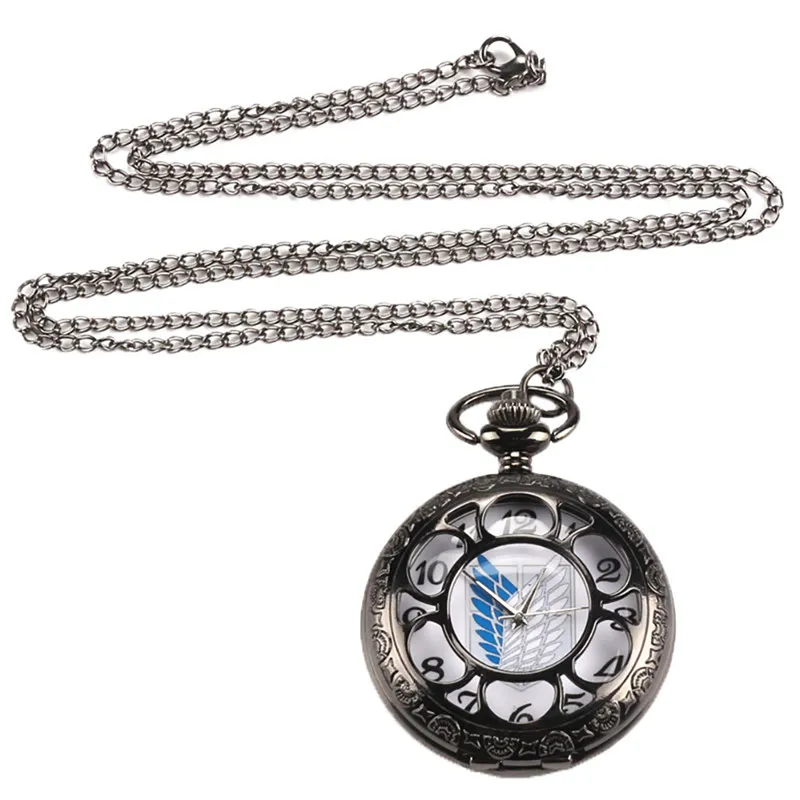 Antique classique noir attaque sur Titan montre de poche Vintage Quartz analogique montres militaires avec collier chaîne cadeau reloj de bolsil311x