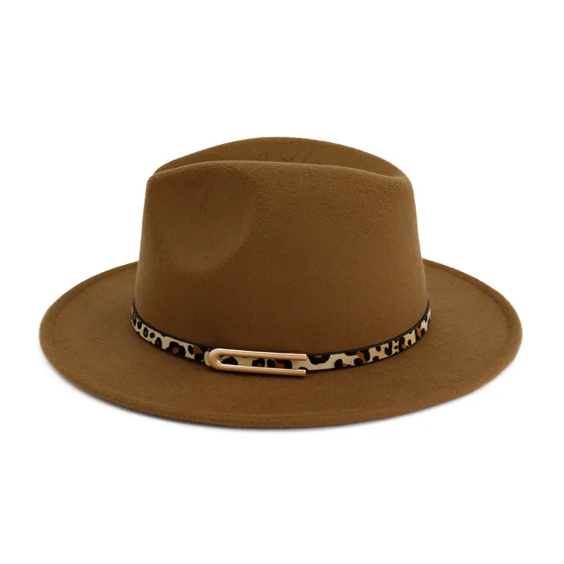 Senhora panamá fedoras lã feltro aba larga jazz fedora chapéus para mulher trilby derby jogador chapéu com leopardo impressão de couro fivela 250z