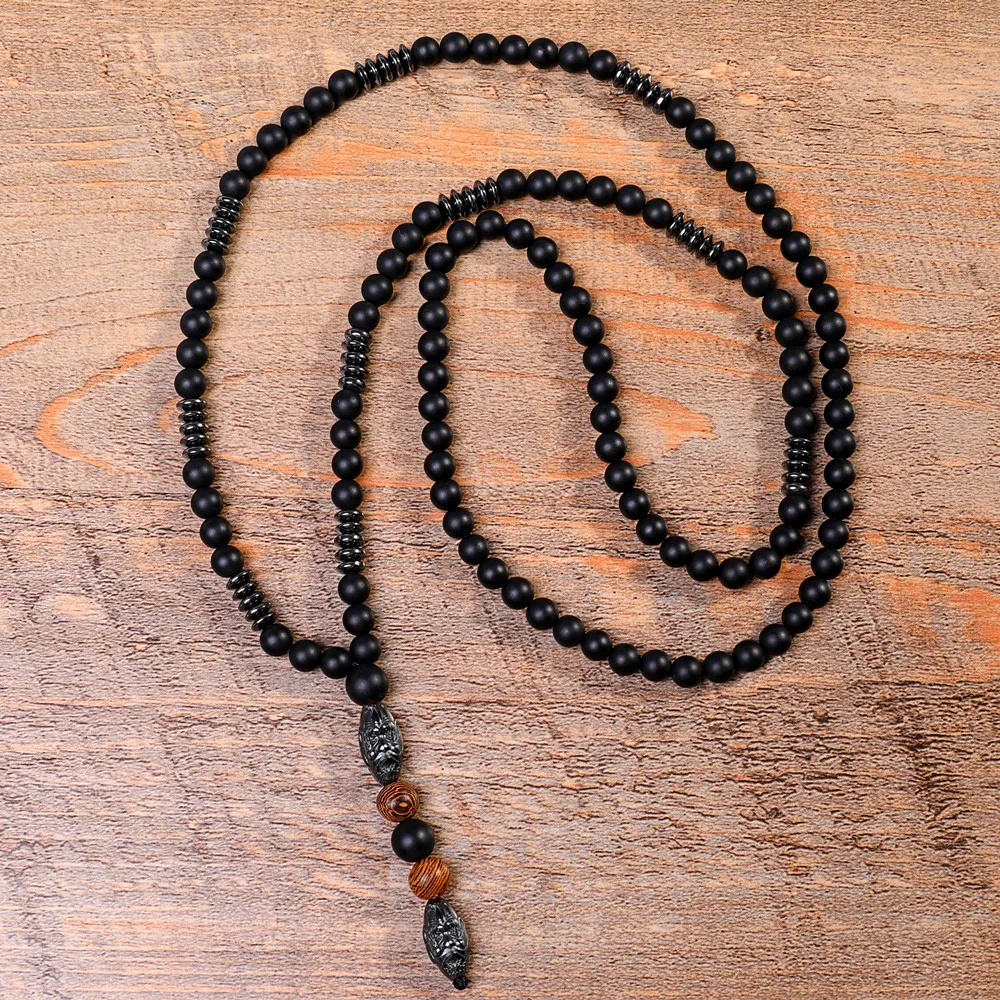 Natürliche schwarze Hämatit-Schnitzperlen-Halskette, schwarzer Buddha-Lava-Mala-Stein, Holz-Rosenkranz-Perlen-Anhänger2609