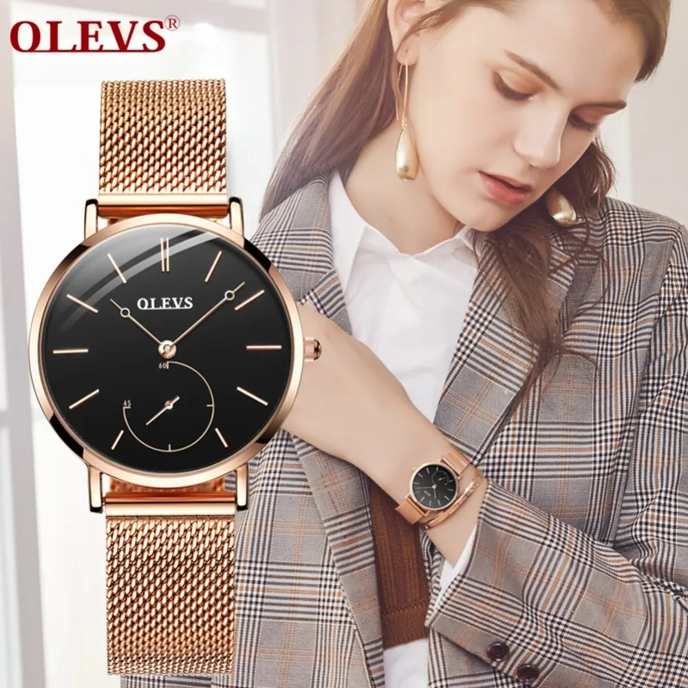 Reloj Mujer Fashion Wrist Quartz titta på kvinnor svarta casual damklänning klockor rosguld mesh rostfritt stål kvinnlig klocka uhr y19230h