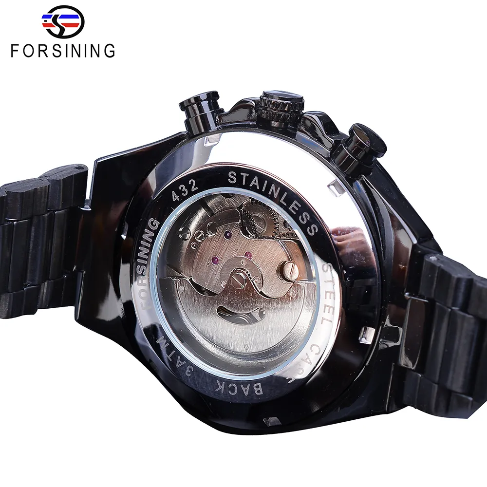 Forsining Relógio Automático Masculino Preto Auto-Vento Velocidade Carro Masculino Data Pulseira de Aço Militar Pulso Mecânico Relojes Hombre248M