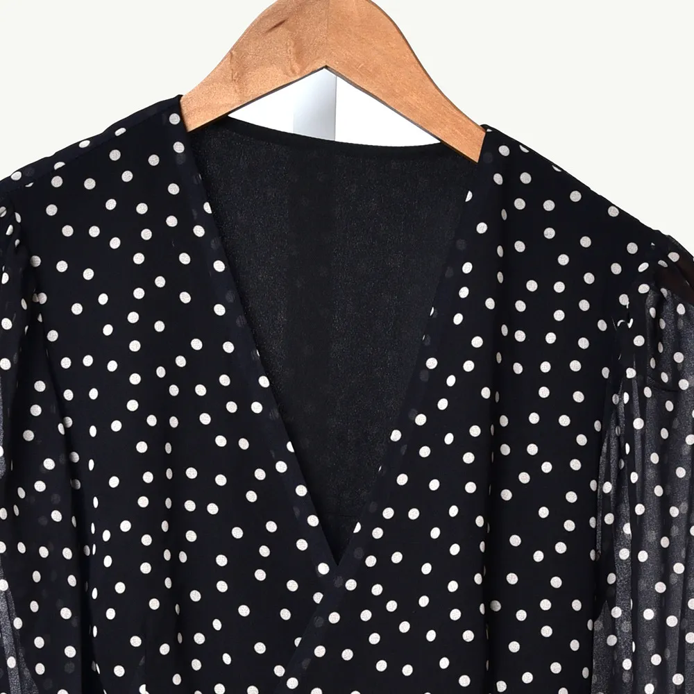 2019 Fall Winter Long Sleeve V Neck Black Polka Dot Print Ruffle Short Mini Dress Women Fashion Dresses D2616292