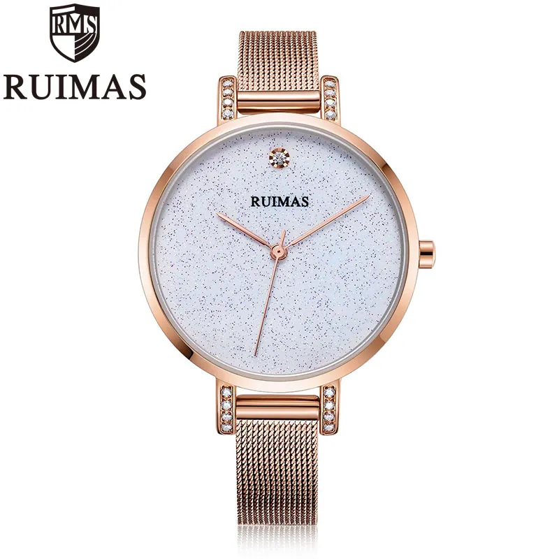 Ruimas Simple analogique robe femmes montres en acier inoxydable maille bracelet Quartz montres dame Watch267y