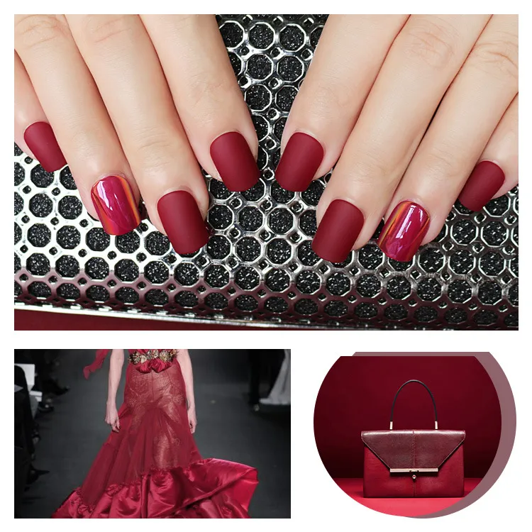 Press On Gel Nails Kit Pretty Matte Wine Red Artificial Nail Art Shell Effect Manicure Set