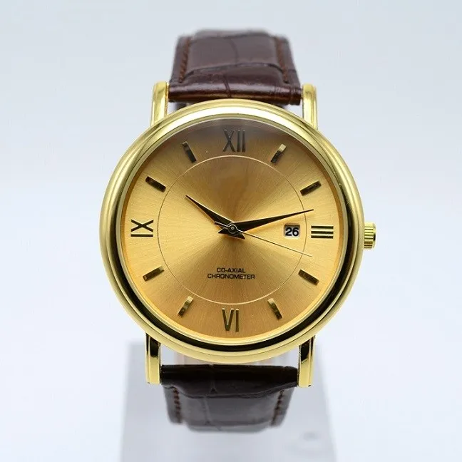 Gota de cuarzo banda de cuero hombres reloj de diseño 40 mm caja de oro de lujo fecha automática relojes analógicos para hombres regalos para hombres reloj de pulsera 232c