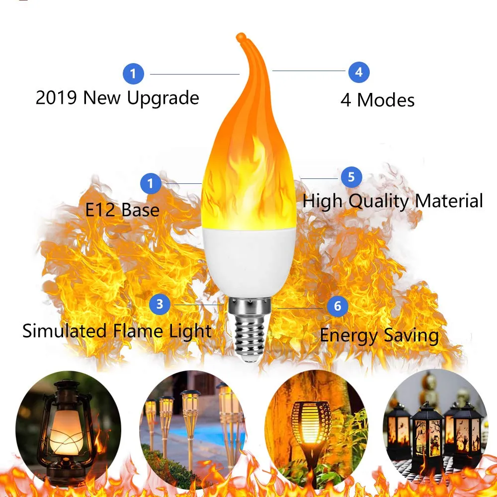 LED 화염 효과 촛대 전구 업그레이드 4 모드 E12 LED 플래시 캔들 불꽃 라이트 파티 라이트 6 팩 파티 분위기 조명 BU266G