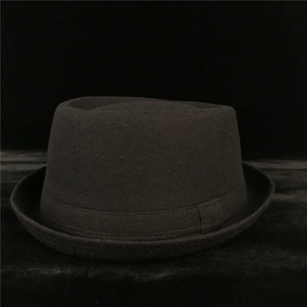 100 Wool Men Pork Pie Hat dla taty Winter Black Fedora Hat for Gentleman Flat Bowler Porkpie Top Hat Size S M L XL Y190705033786203